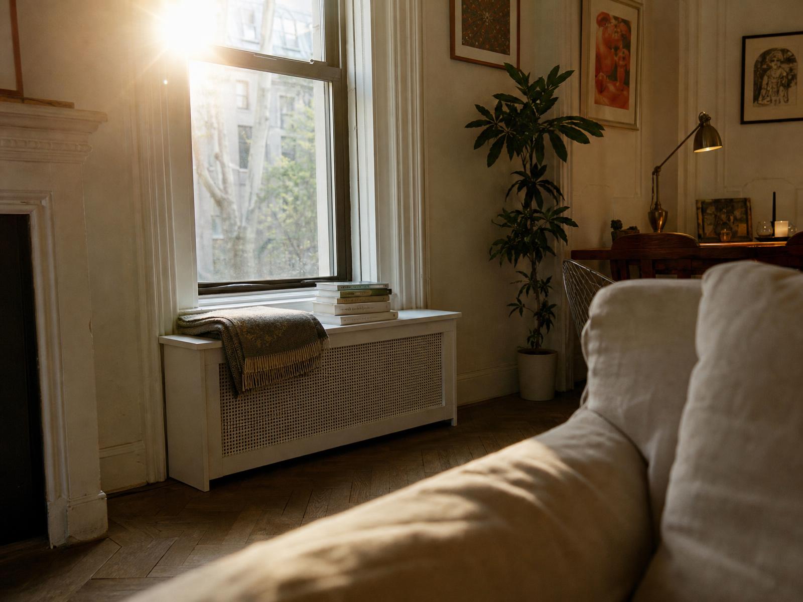 Deep green made-to-measure radiator cover under tall windows in a pre-war apartment with herringbone floors